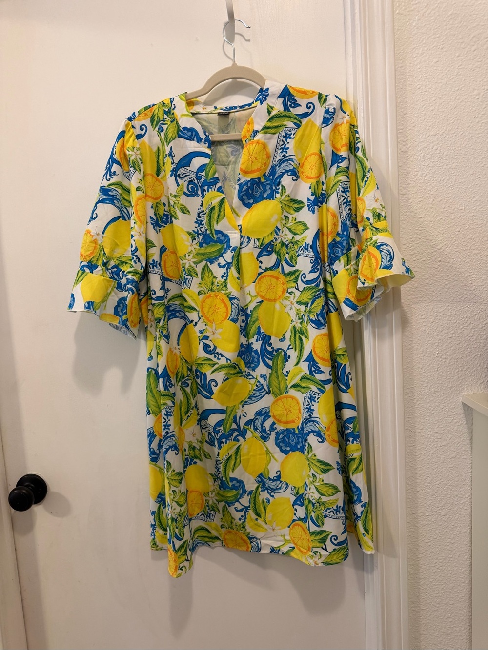 SHEIN White Mini Dress with Yellow Lemon Print and Blue Accents NWOT